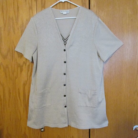 DRESSBARN WOMEN'S SIZE 24 W TOP TAN BLACK TUNIC JACKET SS MOCK LAYER STRIPE - Picture 1 of 9